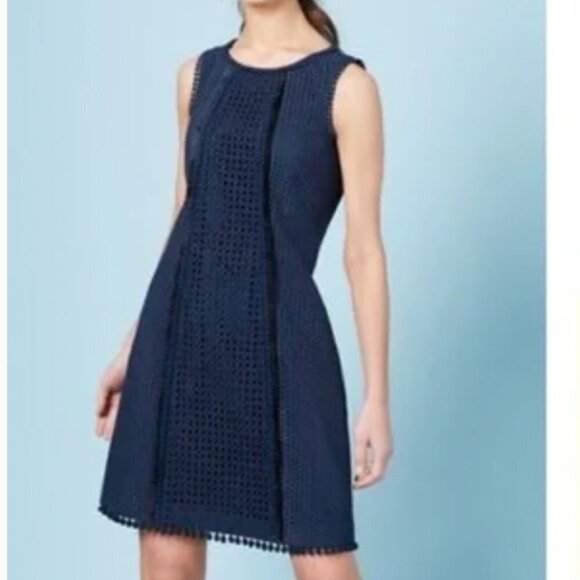 Boden Broderie Dress Navy Eyelet Pom Pom Sleeveless  4 - Picture 1 of 12